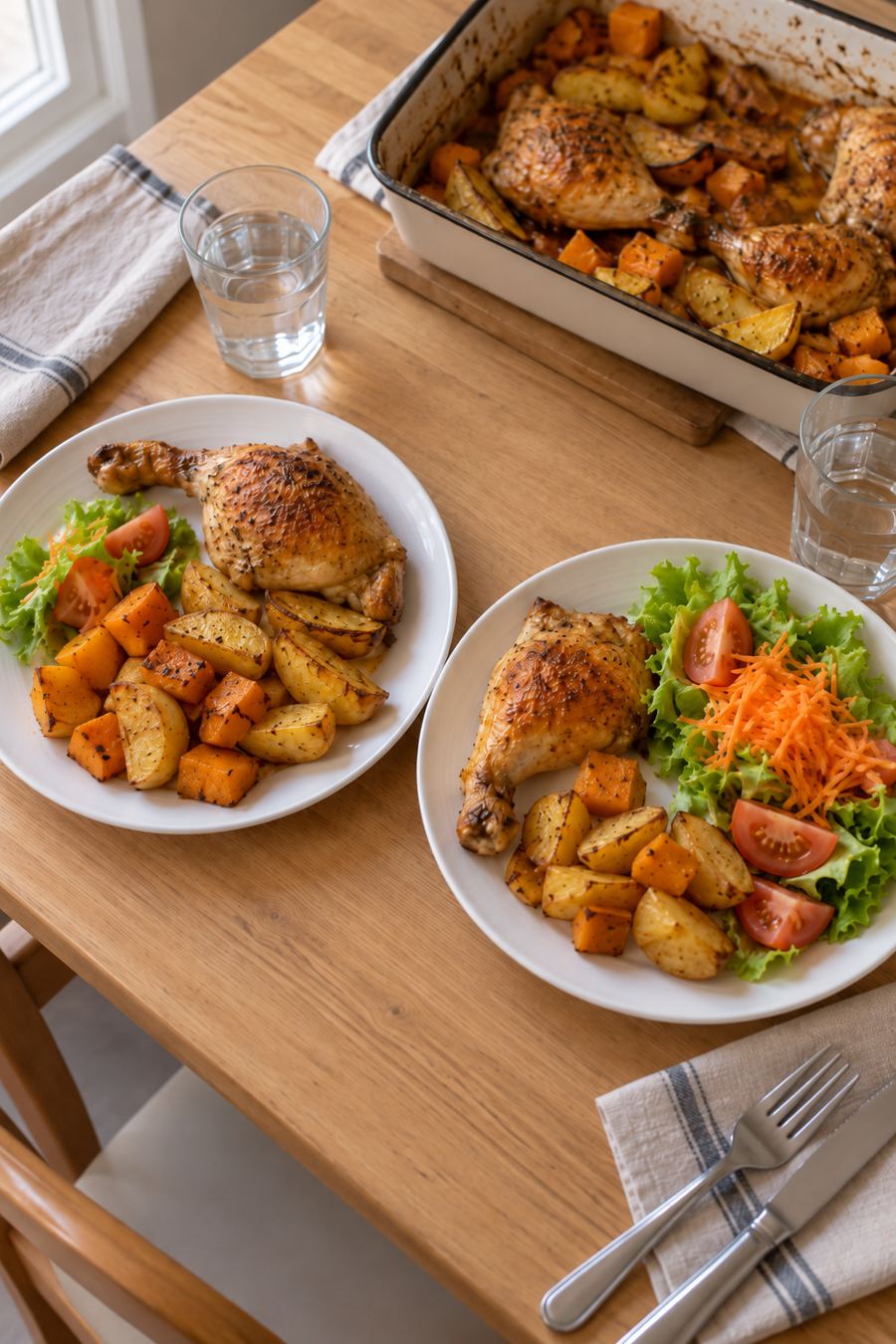 Dos platos con el mismo pollo al horno: uno con más papas y otro con la mitad de ensalada