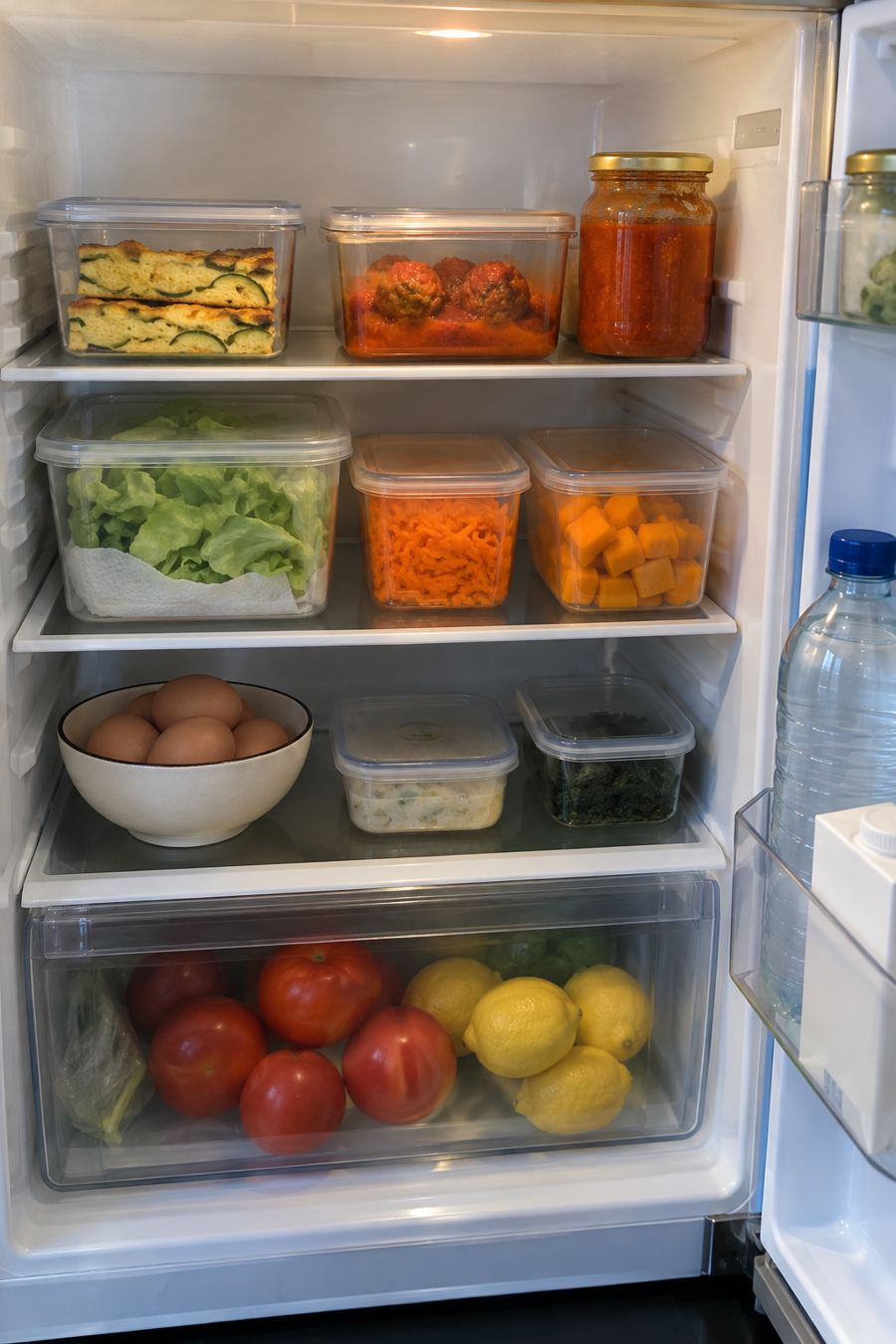 Heladera ordenada con la comida de la semana en tuppers: tarta, albóndigas en salsa, lechuga lavada, zanahoria rallada y calabaza cortada