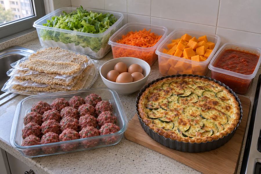 Mesada con la preparación del domingo: tuppers con verdura lavada, salsa, albóndigas y una tarta