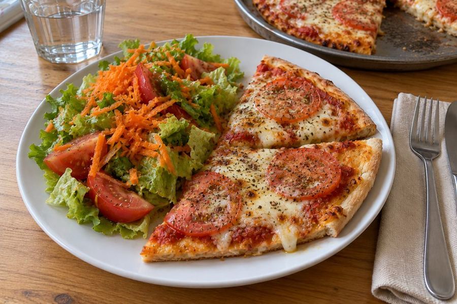 Dos porciones de pizza casera con ensalada