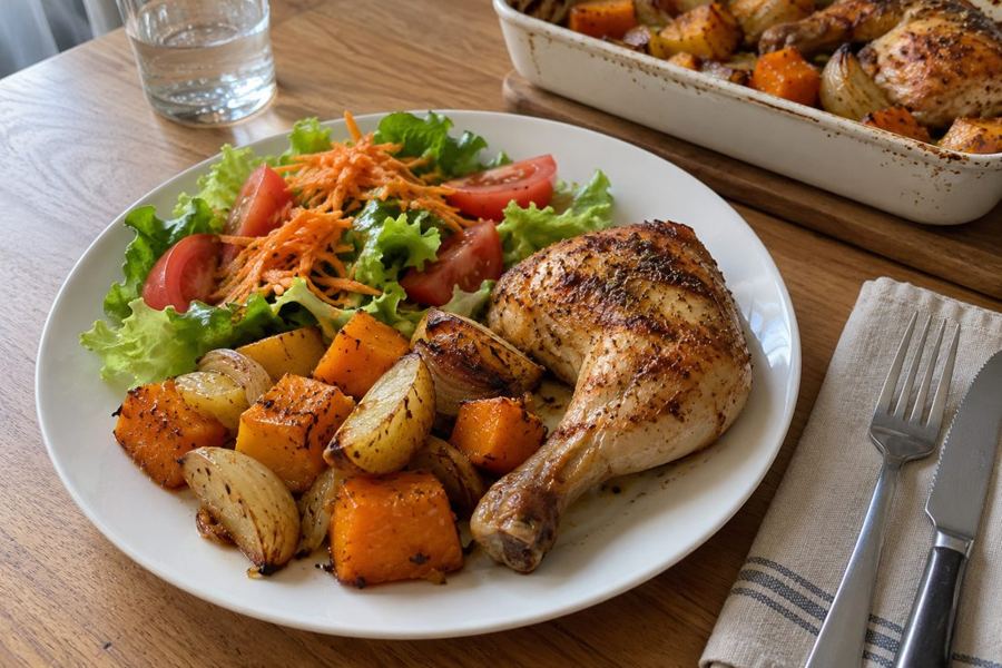Plato con una presa de pollo, un puño de calabaza y papa, y media porción de ensalada