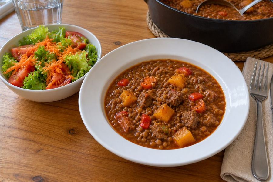 Guiso de lentejas con ensalada