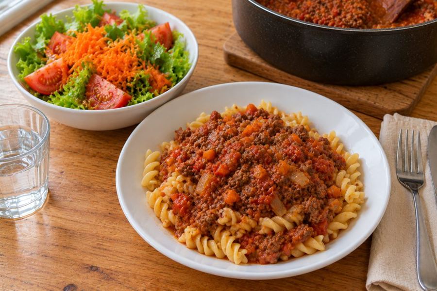 Fideos con bolognesa y ensalada