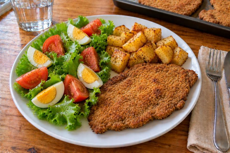 Milanesa de carne al horno con papas y ensalada